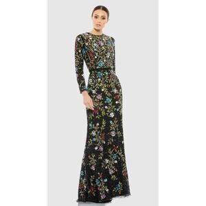 Mac Duggal Black Floral Embellished Long Sleeve Sequined Gown #5556 Sz 10 NWT